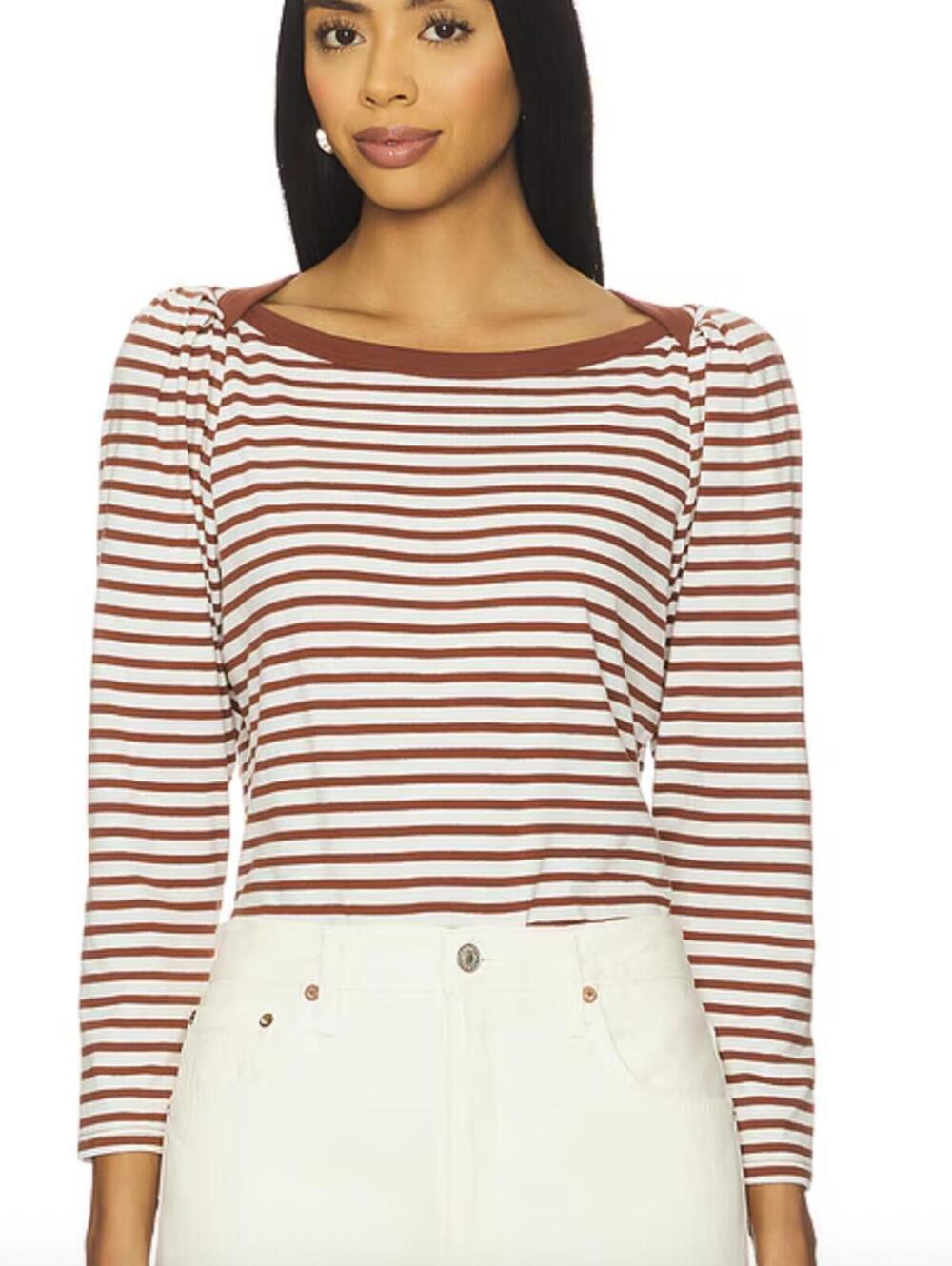 Nation LTD Burgundy Striped Cotton Amelie Envelope Neck Tee - Size - XS